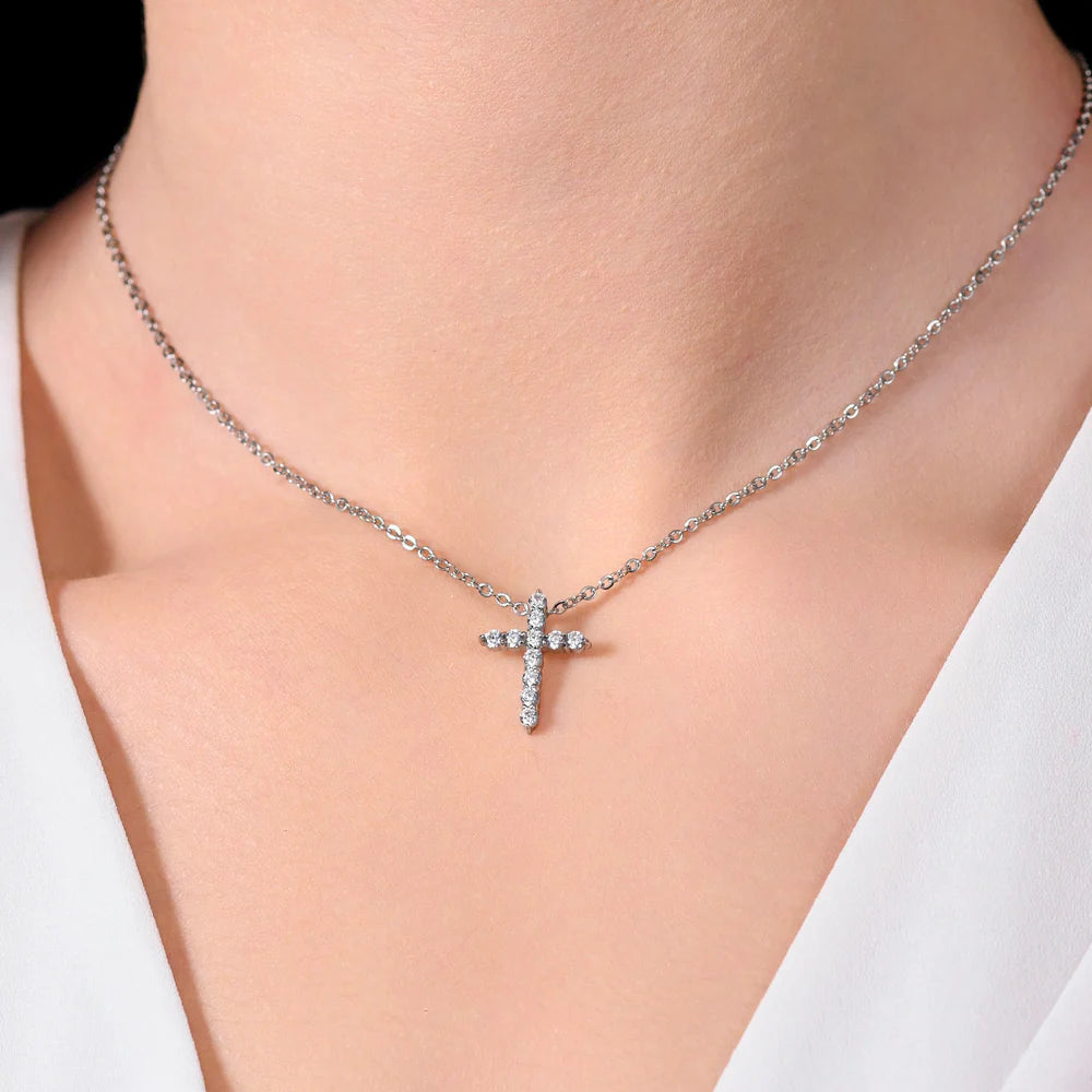 Collana Luca Barra Summer 24 Acciaio Pendente Croce Cristalli