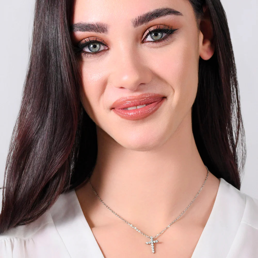 Collana Luca Barra Summer 24 Acciaio Pendente Croce Cristalli