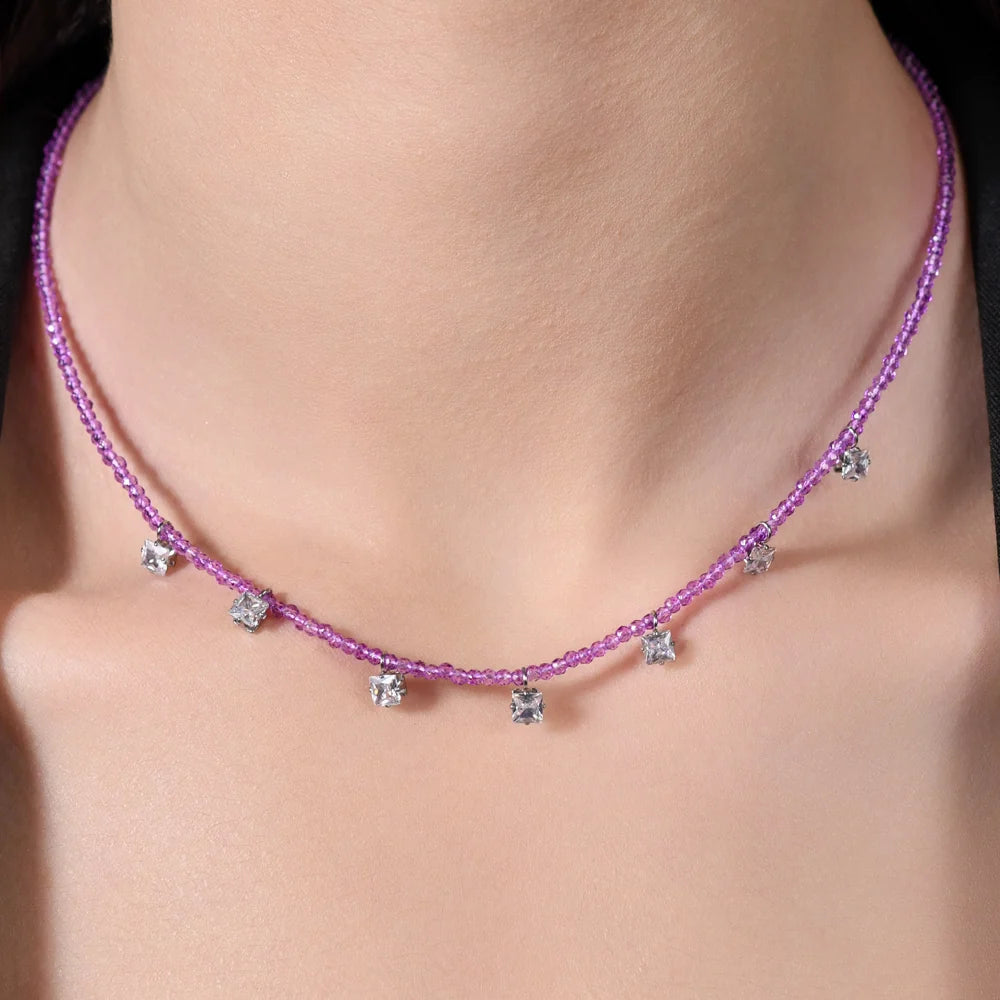 Collana Luca Barra Acciaio Con Cristalli Viola E Pendenti Bianchi