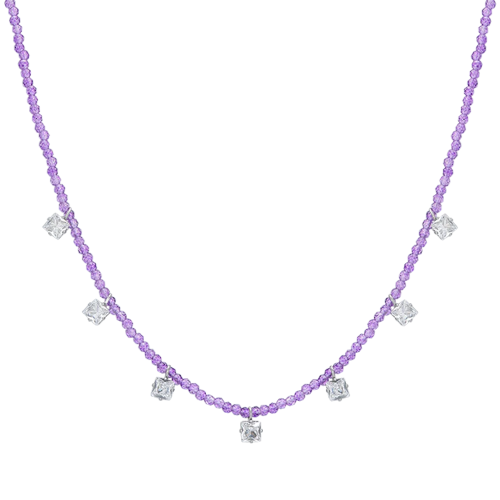 Collana Luca Barra Acciaio Con Cristalli Viola E Pendenti Bianchi