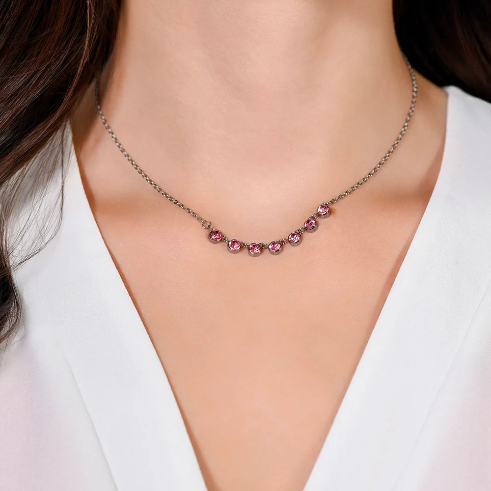 Collana Luca Barra Acciaio Con 7 Cristalli Rosa Centrali