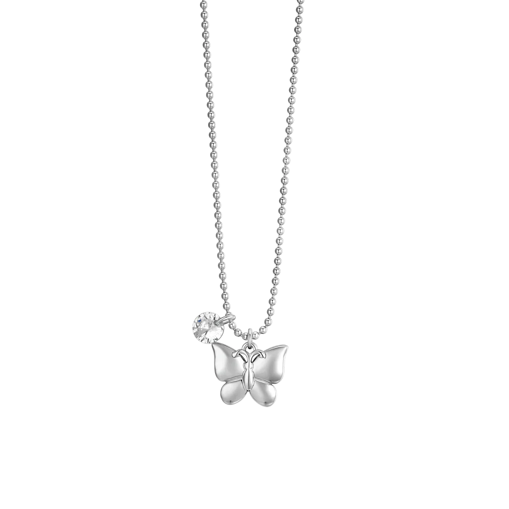 Collana Luca Barra Acciaio Maglia a Pallini Pendente Farfalla e Zircone