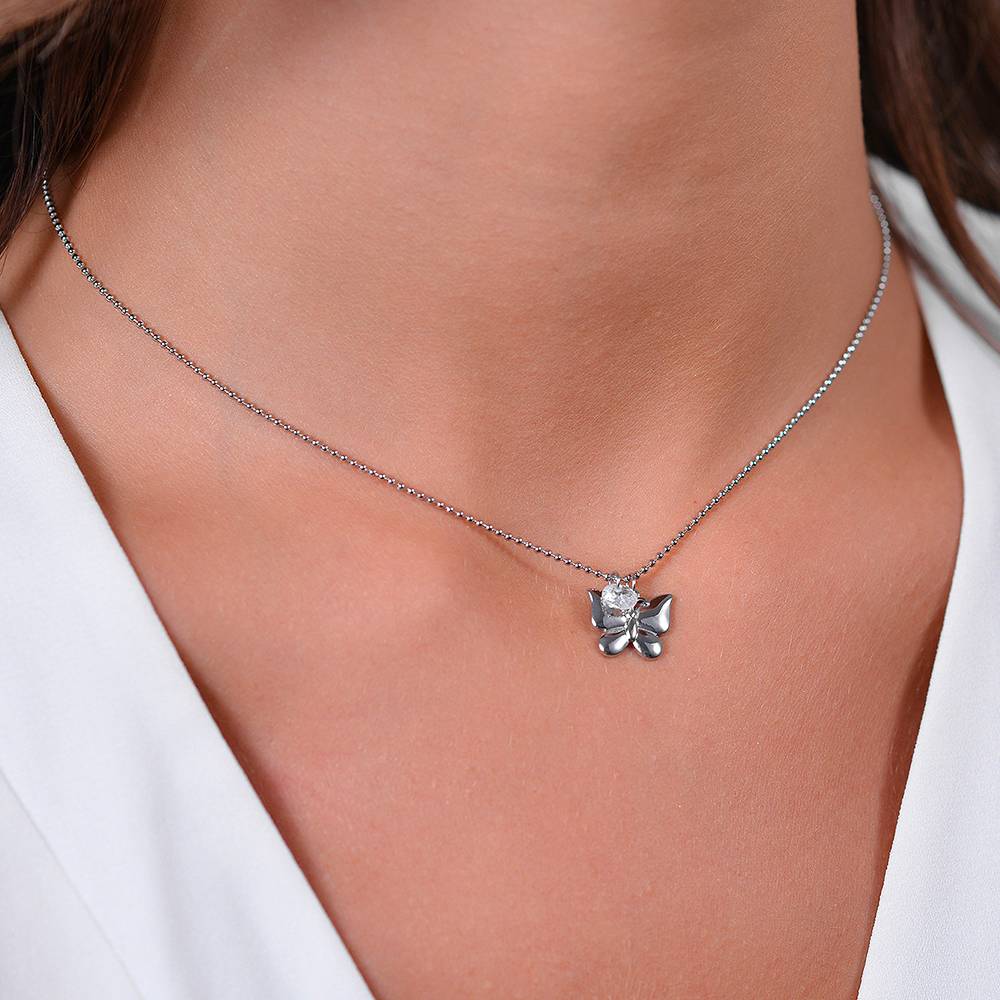 Collana Luca Barra Acciaio Maglia a Pallini Pendente Farfalla e Zircone