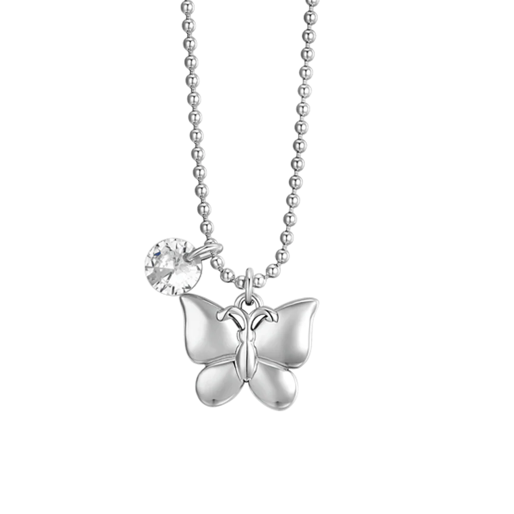 Collana Luca Barra Acciaio Maglia a Pallini Pendente Farfalla e Zircone