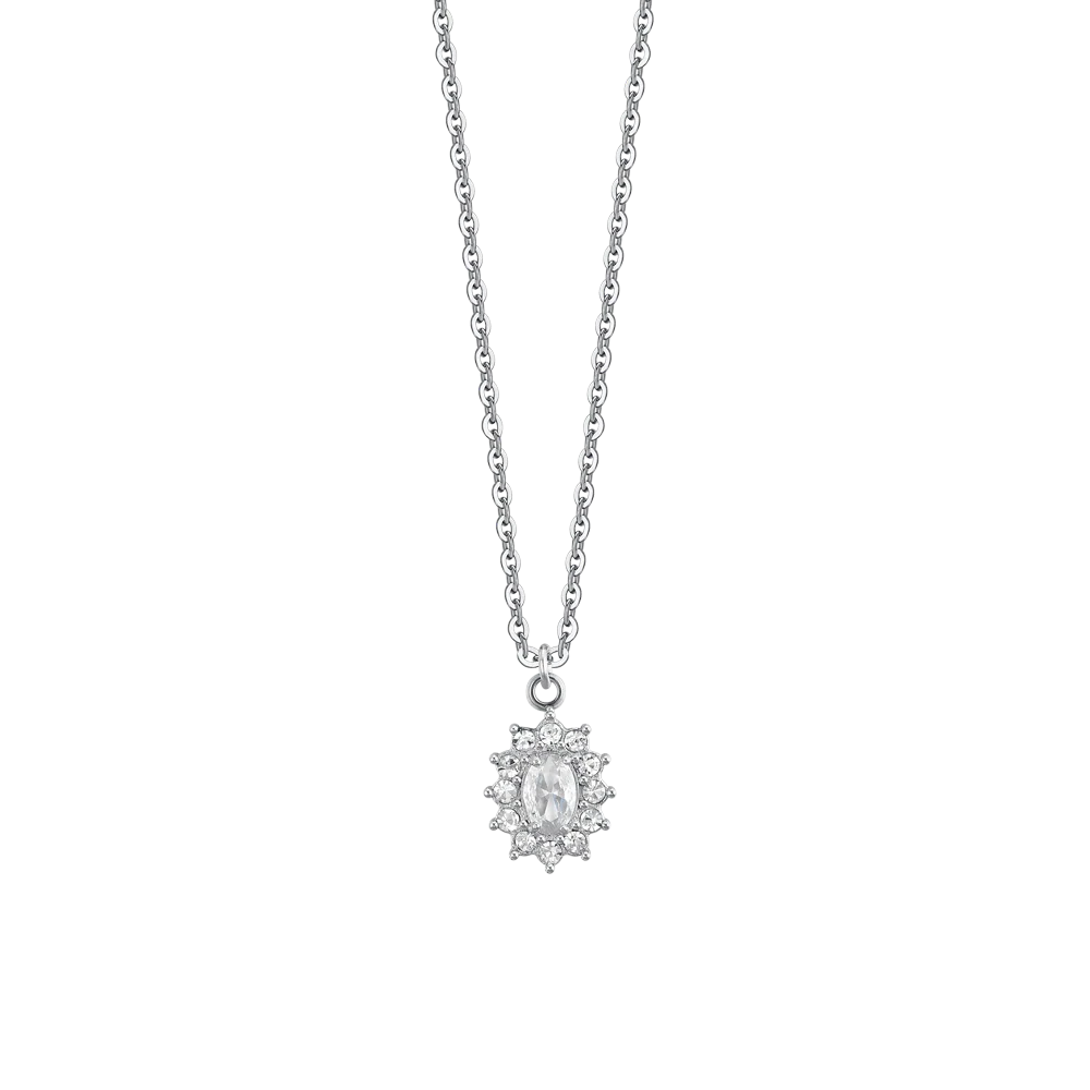 Collana Luca Barra Acciaio Maglia Catena Pendente Rosetta Zircone Ovale Contornato