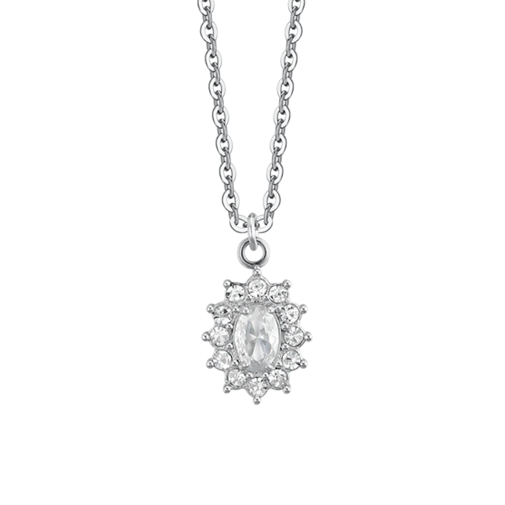 Collana Luca Barra Acciaio Maglia Catena Pendente Rosetta Zircone Ovale Contornato