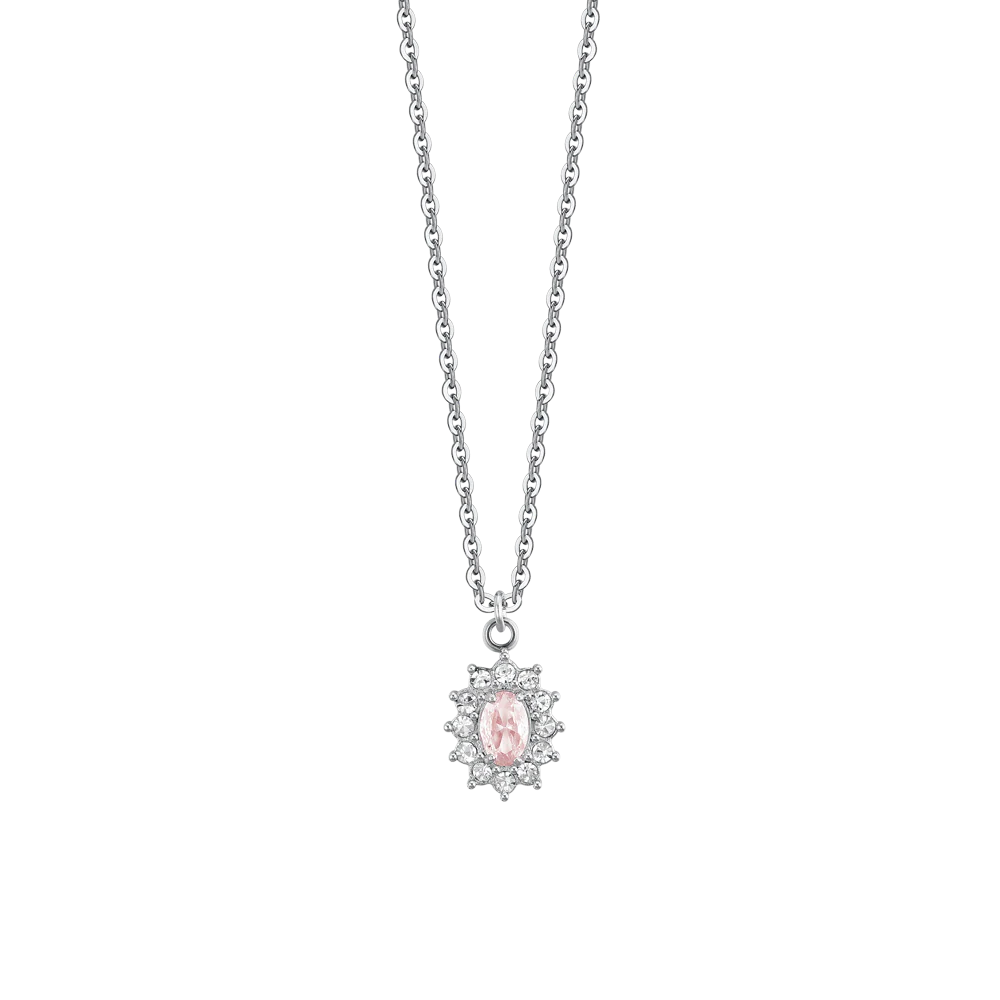 Collana Luca Barra Acciaio Maglia Catena Pendente Rosetta Zircone Ovale Rosa Contornato