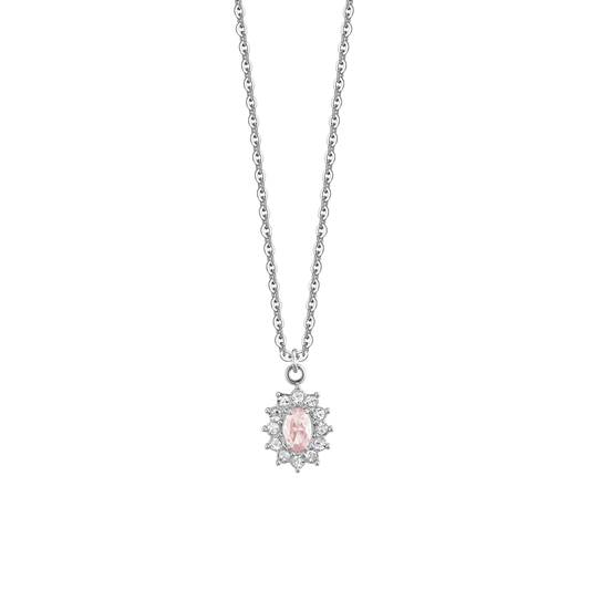 Collana Luca Barra Acciaio Maglia Catena Pendente Rosetta Zircone Ovale Rosa Contornato