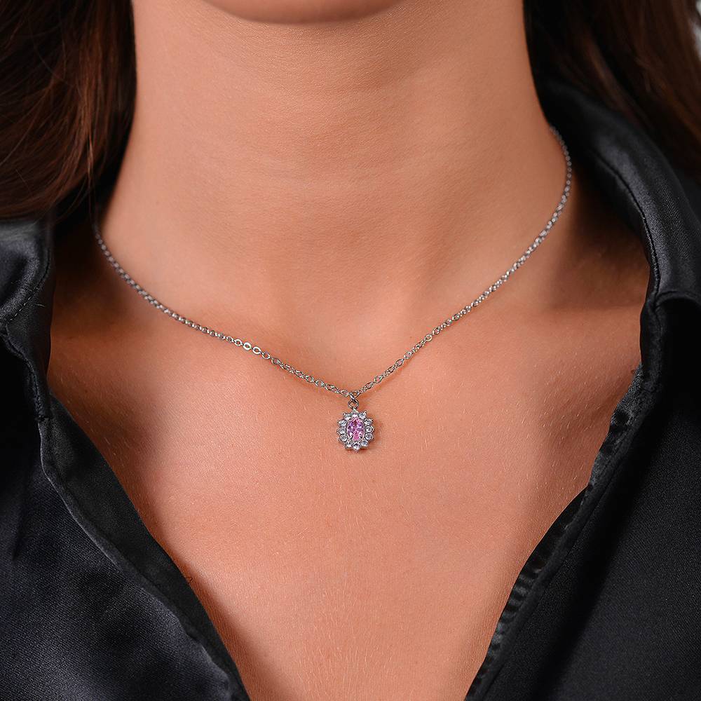 Collana Luca Barra Acciaio Maglia Catena Pendente Rosetta Zircone Ovale Rosa Contornato