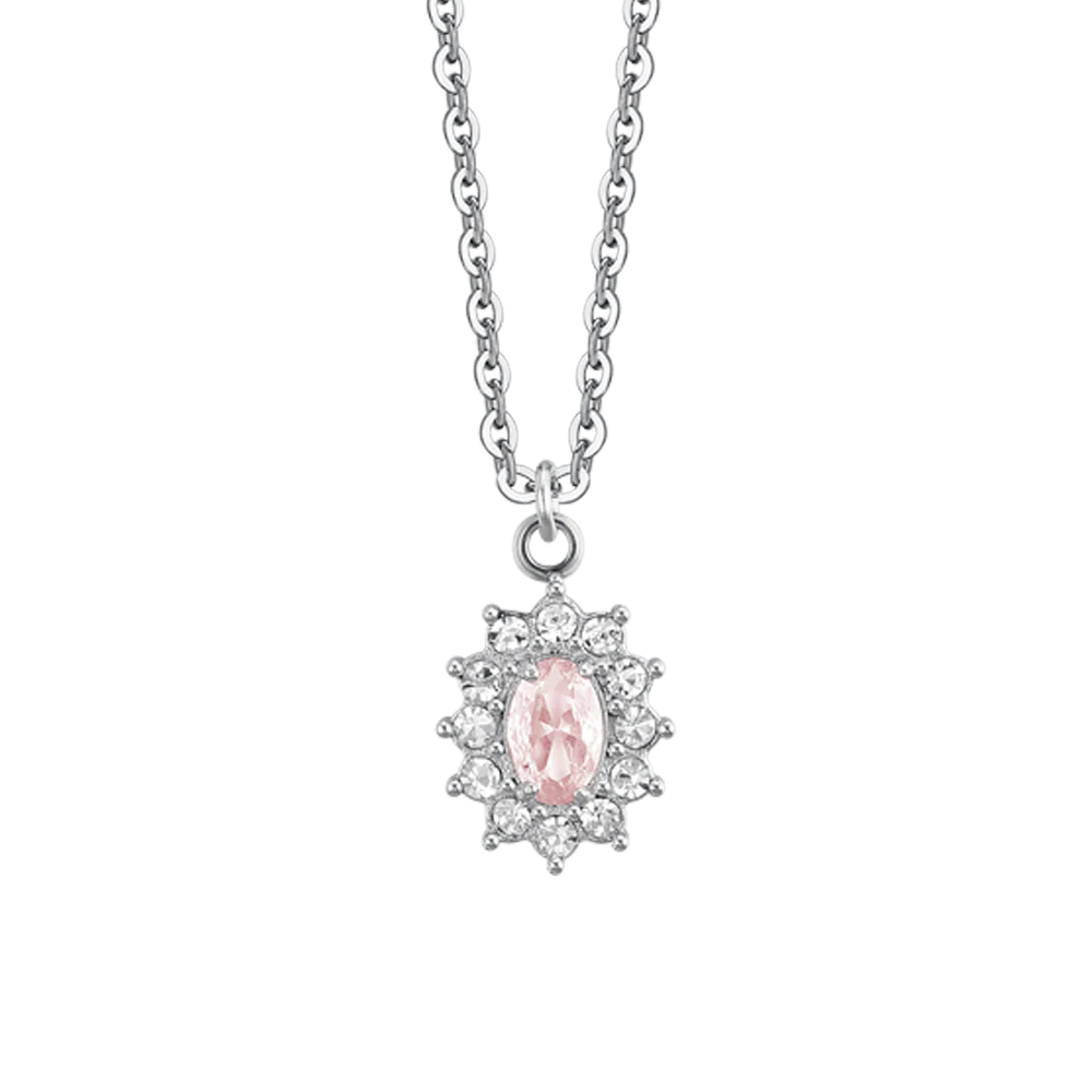Collana Luca Barra Acciaio Maglia Catena Pendente Rosetta Zircone Ovale Rosa Contornato