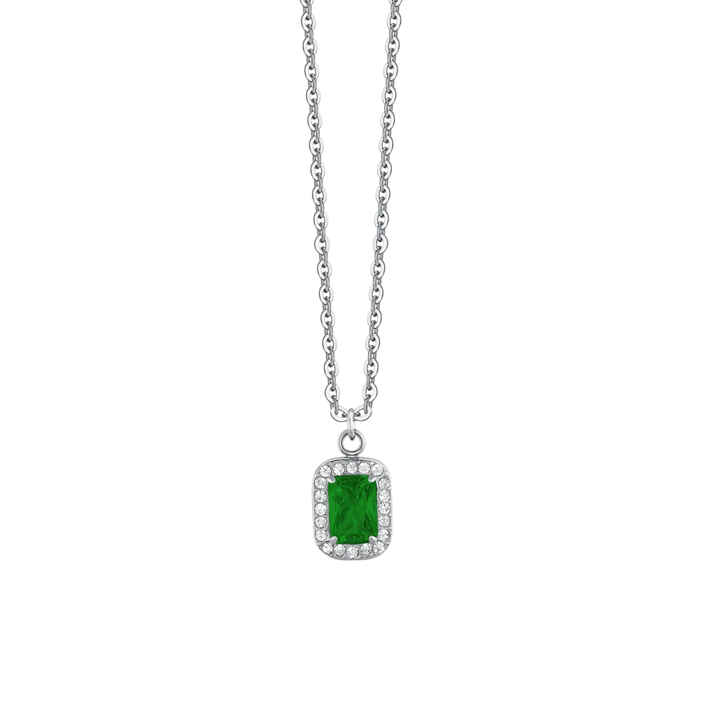 Collana Luca Barra Acciaio Maglia Catena Pendente Zircone Rettangolare Verde Contornato