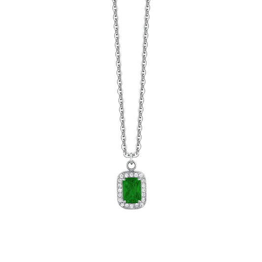 Collana Luca Barra Acciaio Maglia Catena Pendente Zircone Rettangolare Verde Contornato
