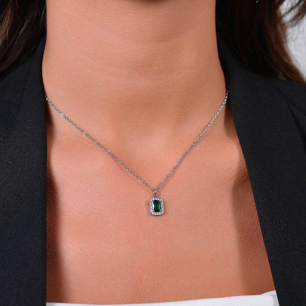 Collana Luca Barra Acciaio Maglia Catena Pendente Zircone Rettangolare Verde Contornato