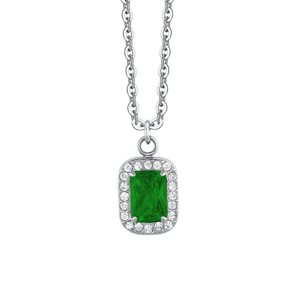 Collana Luca Barra Acciaio Maglia Catena Pendente Zircone Rettangolare Verde Contornato
