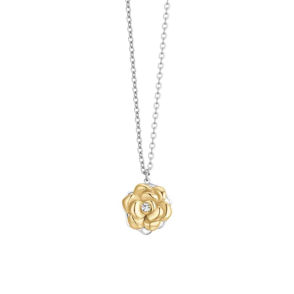 Collana Luca Barra Acciaio Maglia Catena Pendente Rosa Girevole Pvd Oro e Cristallo Centrale