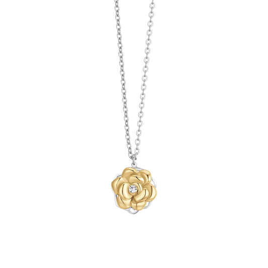 Collana Luca Barra Acciaio Maglia Catena Pendente Rosa Girevole Pvd Oro e Cristallo Centrale