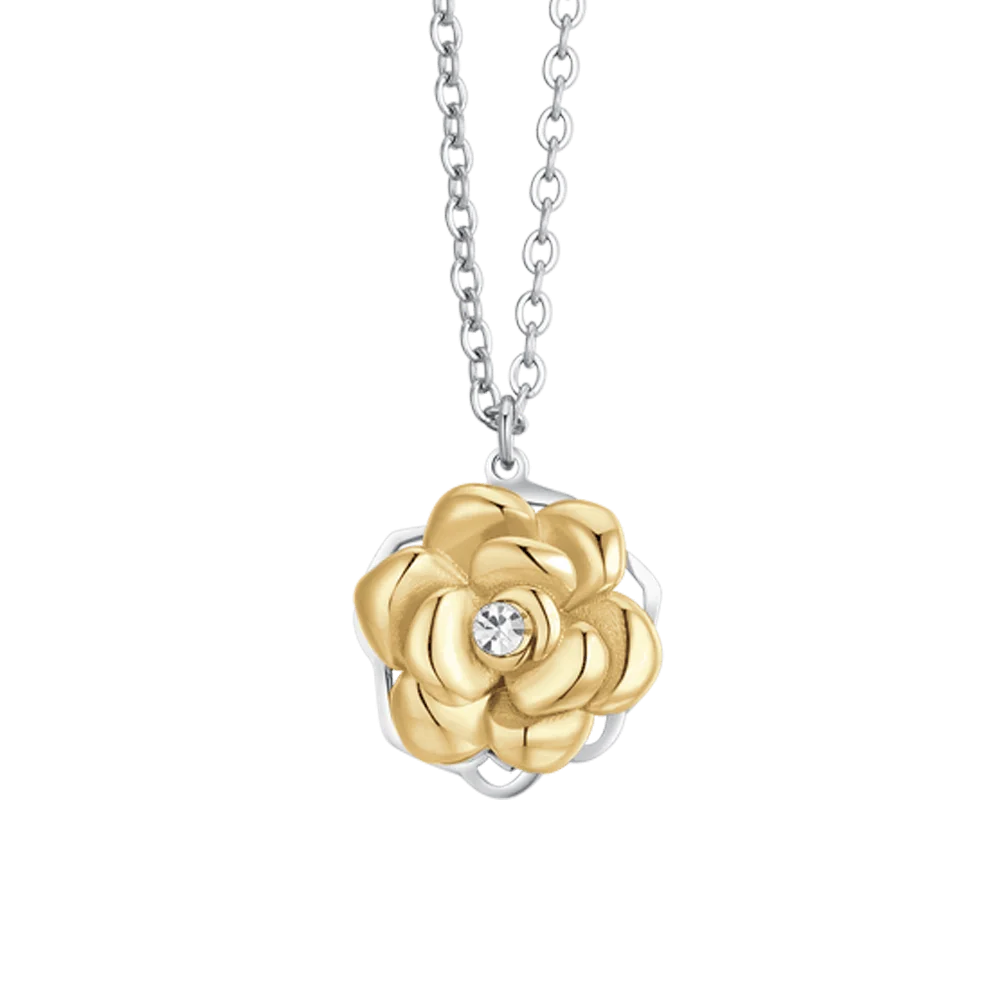 Collana Luca Barra Acciaio Maglia Catena Pendente Rosa Girevole Pvd Oro e Cristallo Centrale