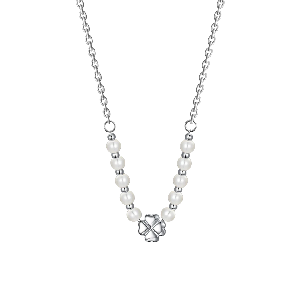 Collana Luca Barra Acciaio Maglia Catena Centrale Quadrifoglio Con Perle E Sfere Alternate