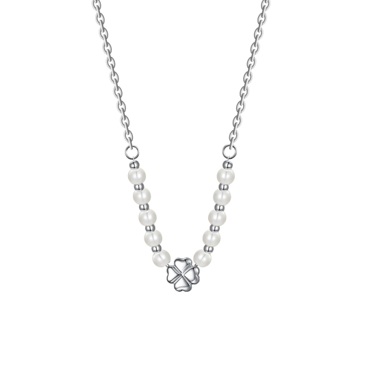 Collana Luca Barra Acciaio Maglia Catena Centrale Quadrifoglio Con Perle E Sfere Alternate