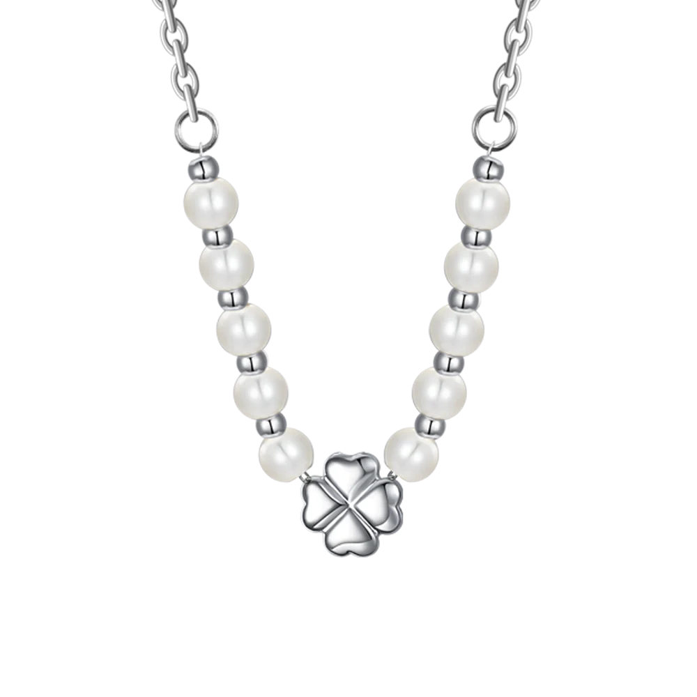 Collana Luca Barra Acciaio Maglia Catena Centrale Quadrifoglio Con Perle E Sfere Alternate
