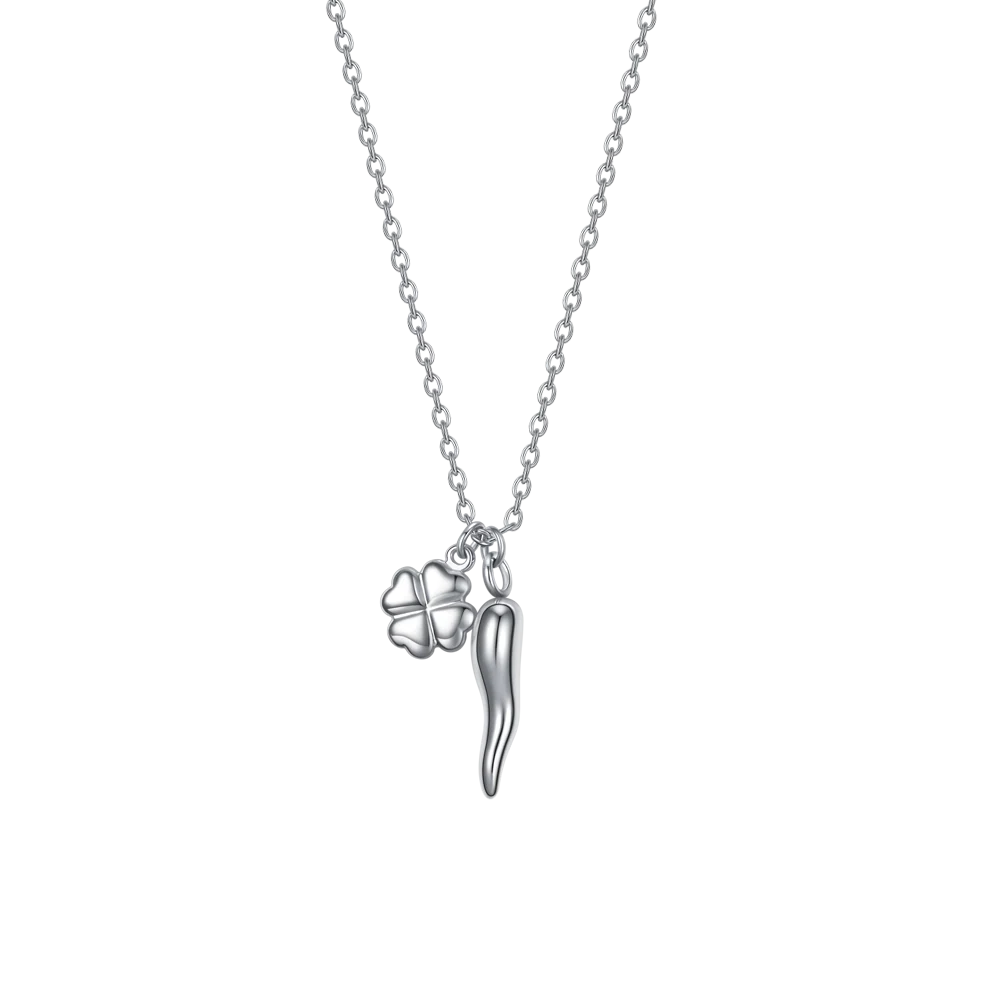 Collana Luca Barra Acciaio Maglia Catena Pendenti Quadrifoglio Corno