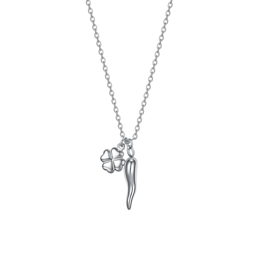 Collana Luca Barra Acciaio Maglia Catena Pendenti Quadrifoglio Corno