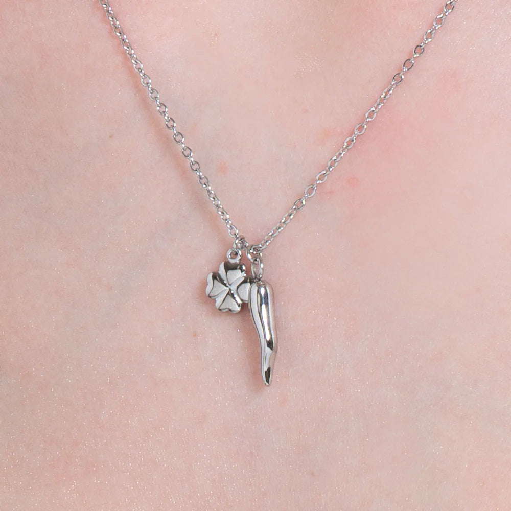 Collana Luca Barra Acciaio Maglia Catena Pendenti Quadrifoglio Corno