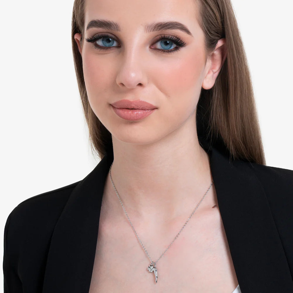 Collana Luca Barra Acciaio Maglia Catena Pendenti Quadrifoglio Corno