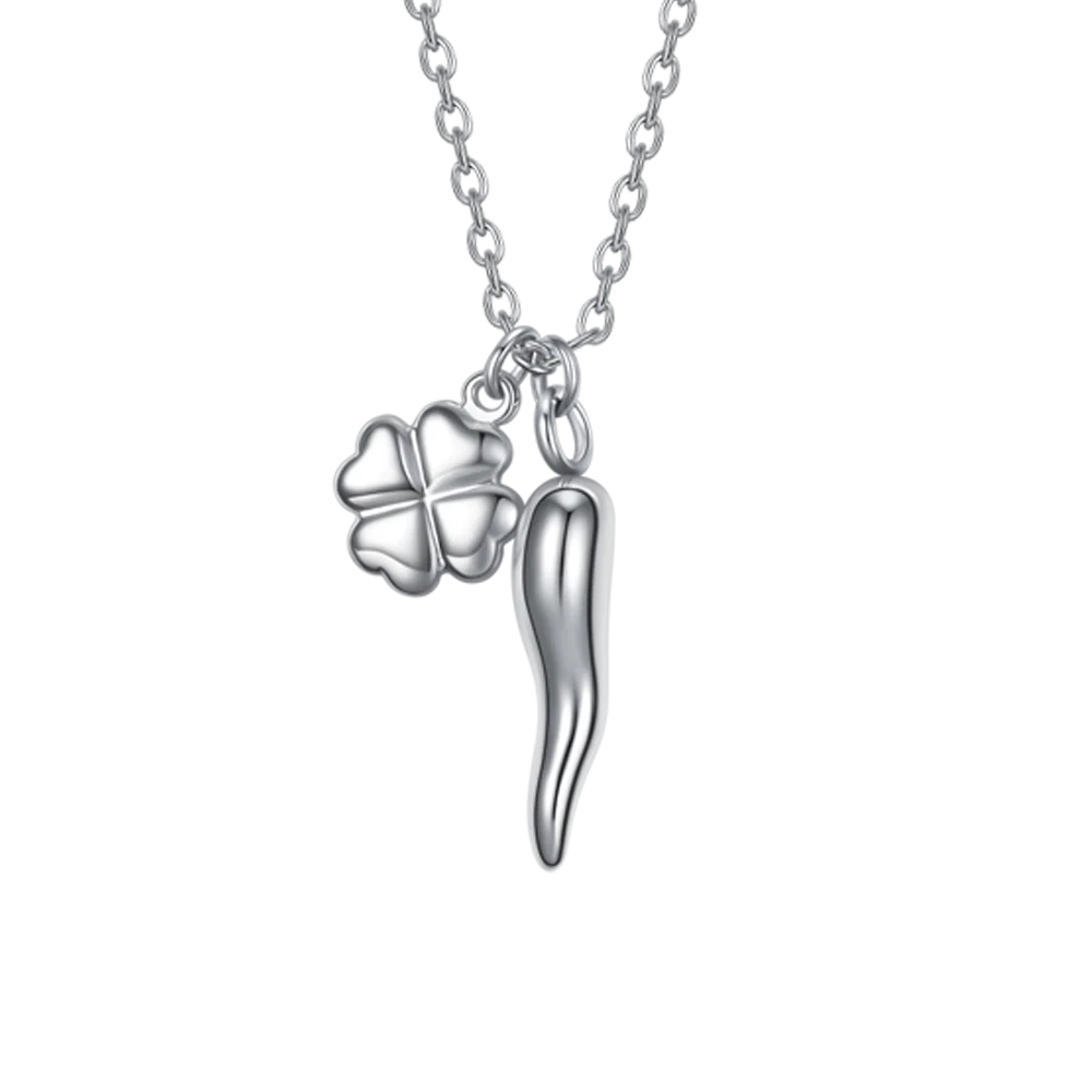 Collana Luca Barra Acciaio Maglia Catena Pendenti Quadrifoglio Corno