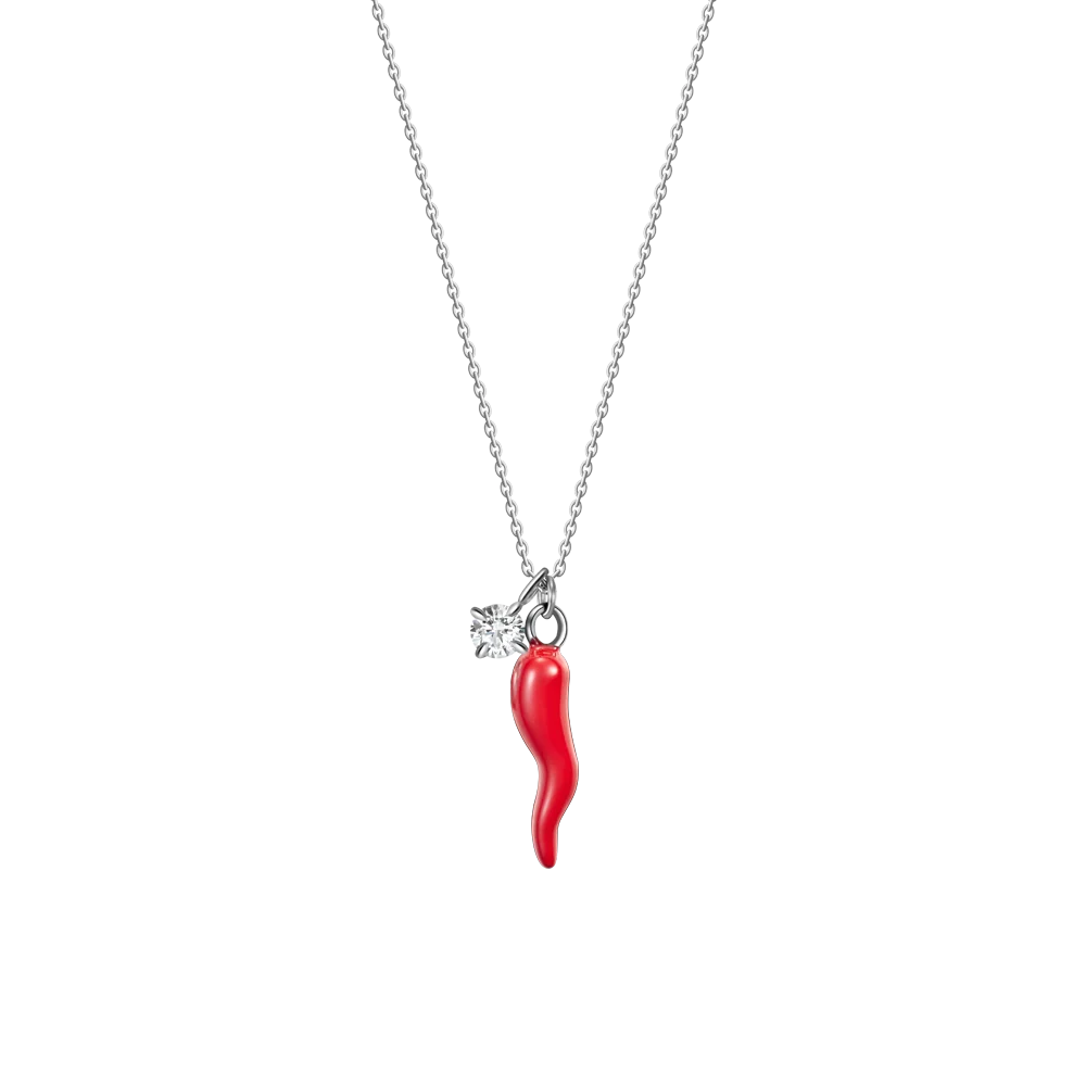 Collana Luca Barra Acciaio Maglia Catena Pendente Corno Smalto Rosso + Punto Luce