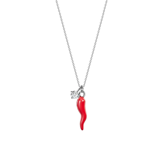 Collana Luca Barra Acciaio Maglia Catena Pendente Corno Smalto Rosso + Punto Luce