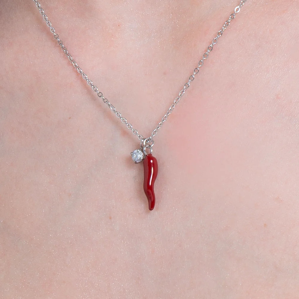 Collana Luca Barra Acciaio Maglia Catena Pendente Corno Smalto Rosso + Punto Luce