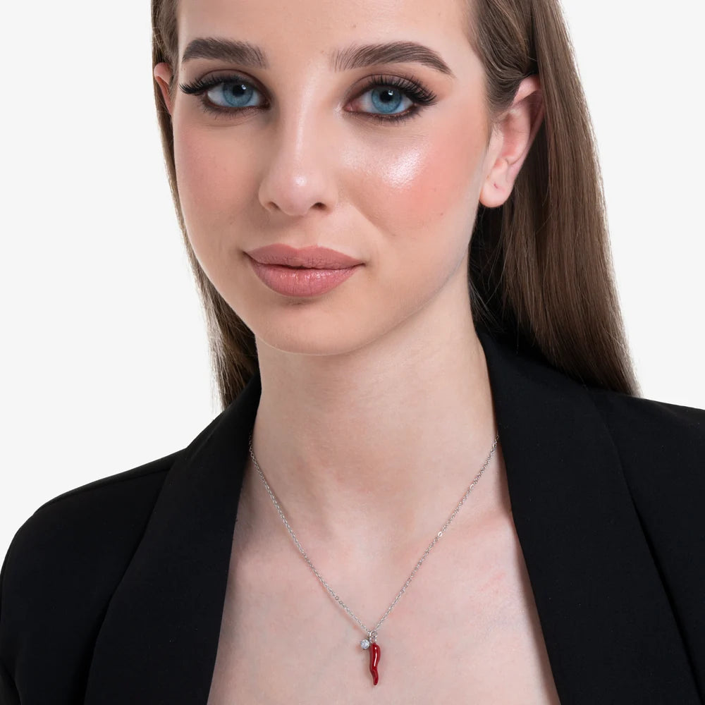 Collana Luca Barra Acciaio Maglia Catena Pendente Corno Smalto Rosso + Punto Luce