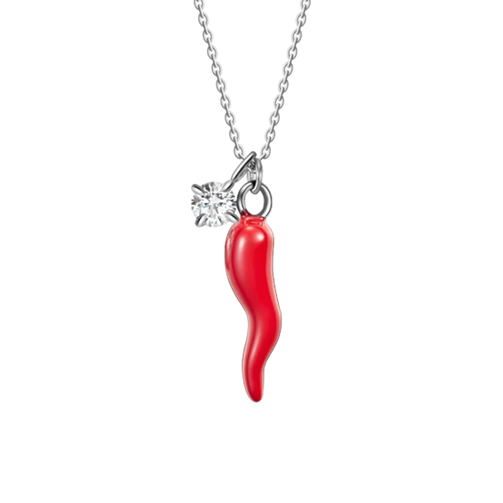 Collana Luca Barra Acciaio Maglia Catena Pendente Corno Smalto Rosso + Punto Luce