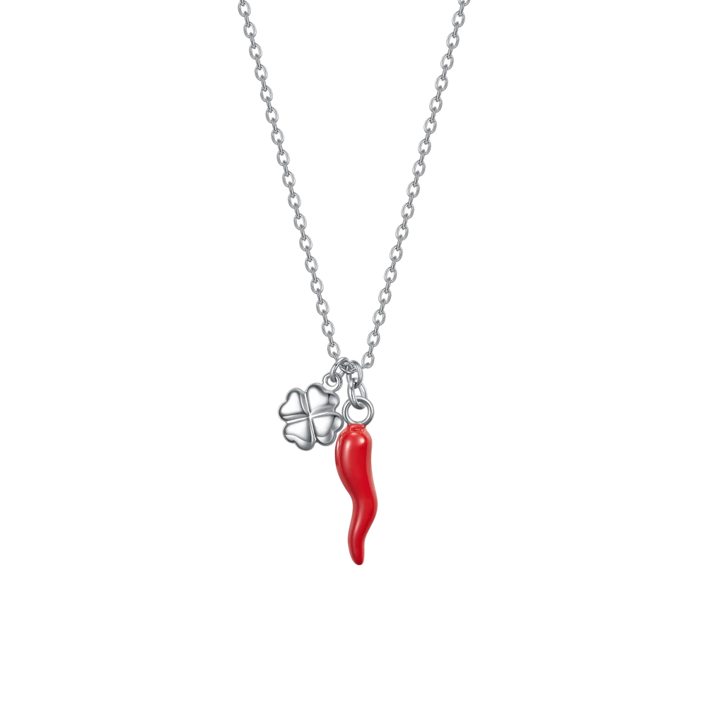 Collana Luca Barra Acciaio Maglia Catena Pendenti Corno Smalto Rosso Quadrifoglio
