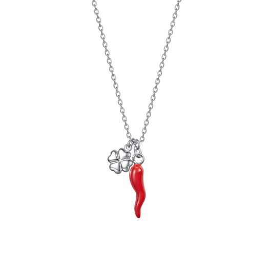 Collana Luca Barra Acciaio Maglia Catena Pendenti Corno Smalto Rosso Quadrifoglio