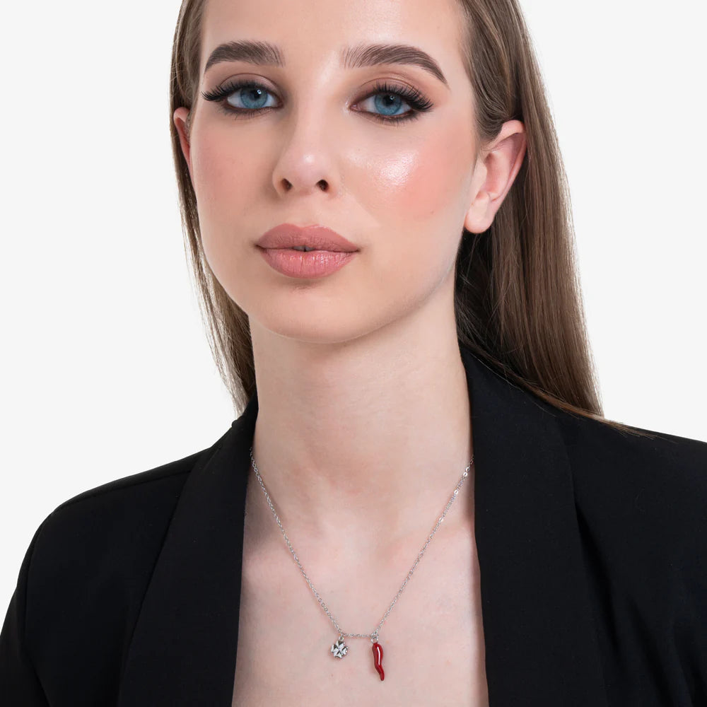 Collana Luca Barra Acciaio Maglia Catena Pendenti Corno Smalto Rosso Quadrifoglio