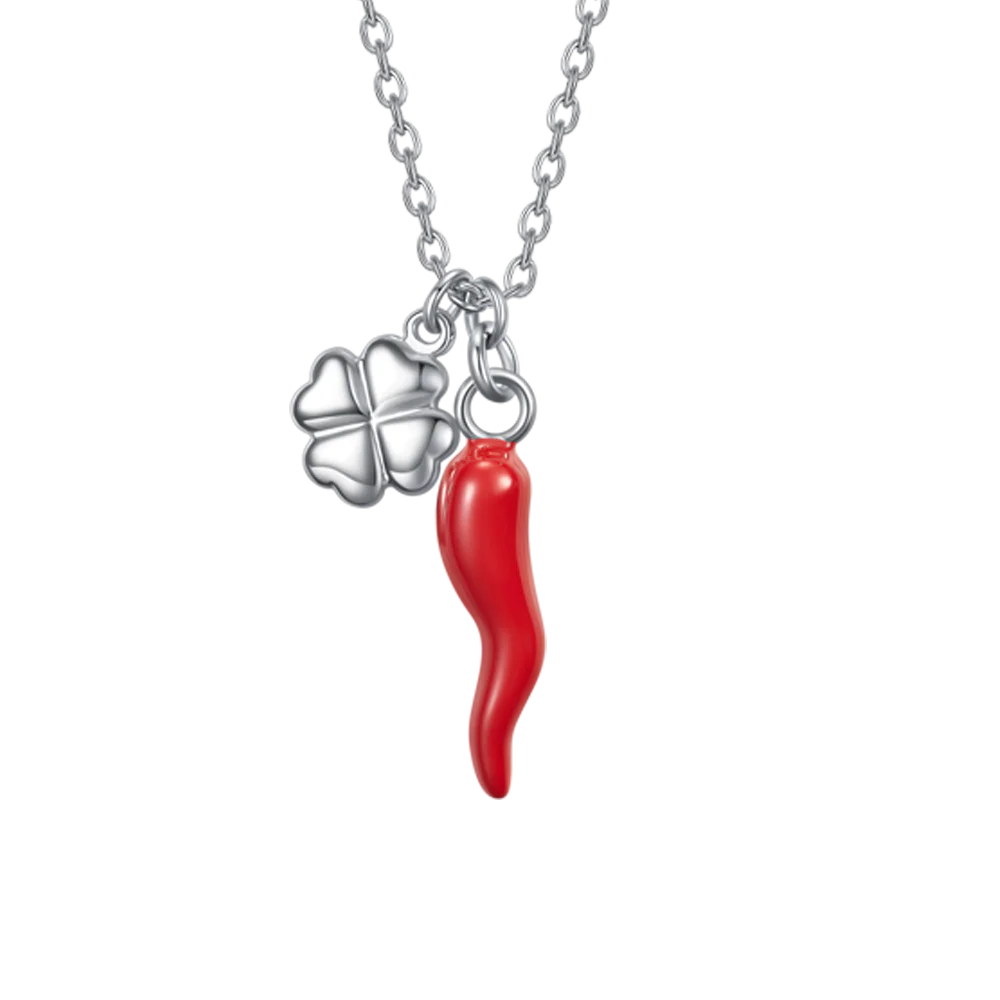 Collana Luca Barra Acciaio Maglia Catena Pendenti Corno Smalto Rosso Quadrifoglio