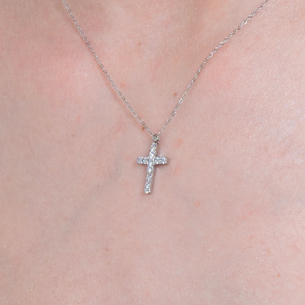 Collana Luca Barra Acciaio Maglia Catena Pendente Croce Tennis Zirconi