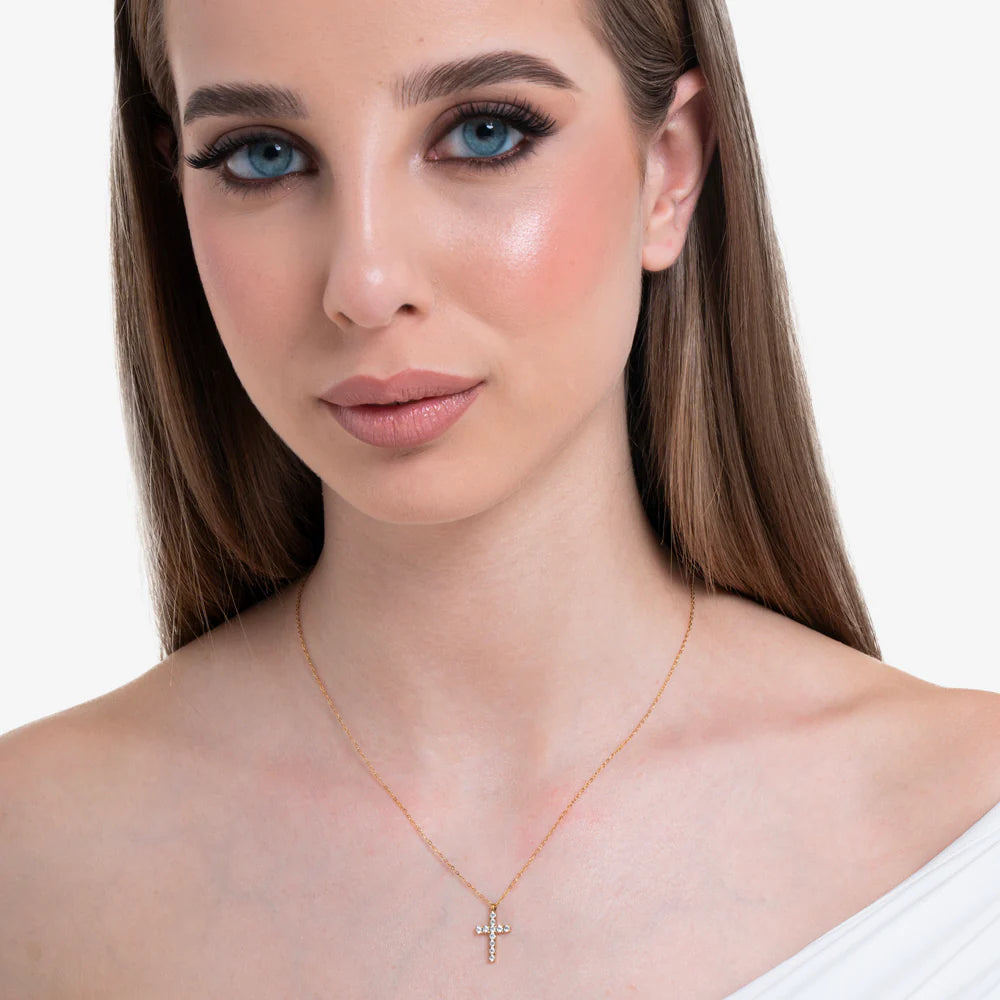 Collana Luca Barra Pvd Oro Maglia Catena Pendente Croce Tennis Zirconi