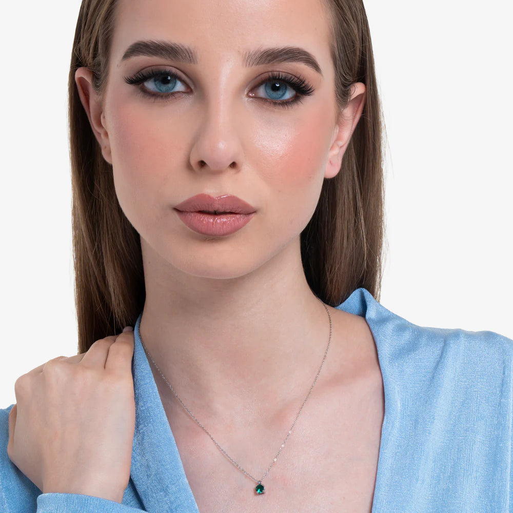 Collana Luca Barra Acciaio Pendente Punto Luce Cristallo Verde
