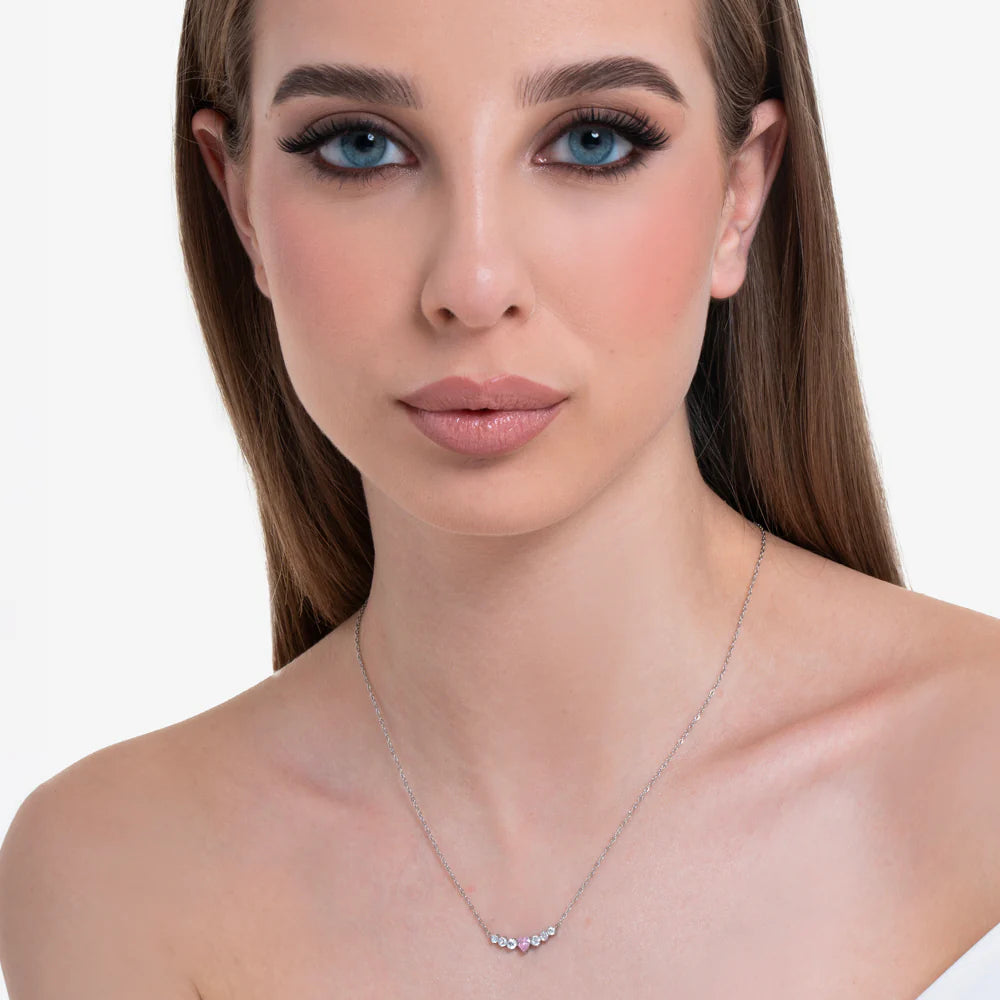 Collana Luca Barra Acciaio Maglia Catena Centrale Cristalli e Cuore Rosa