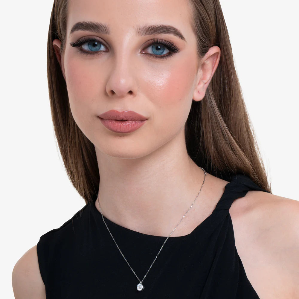 Collana Luca Barra Acciaio Maglia Catena Pendente Punto Luce Cristallo
