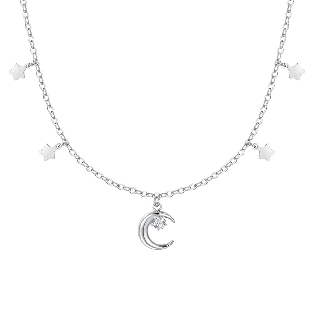 Collana Luca Barra Acciaio Luna Zircone Bianco Stelle