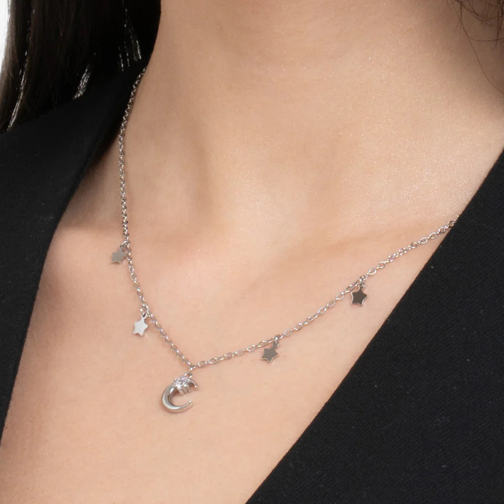 Collana Luca Barra Acciaio Luna Zircone Bianco Stelle
