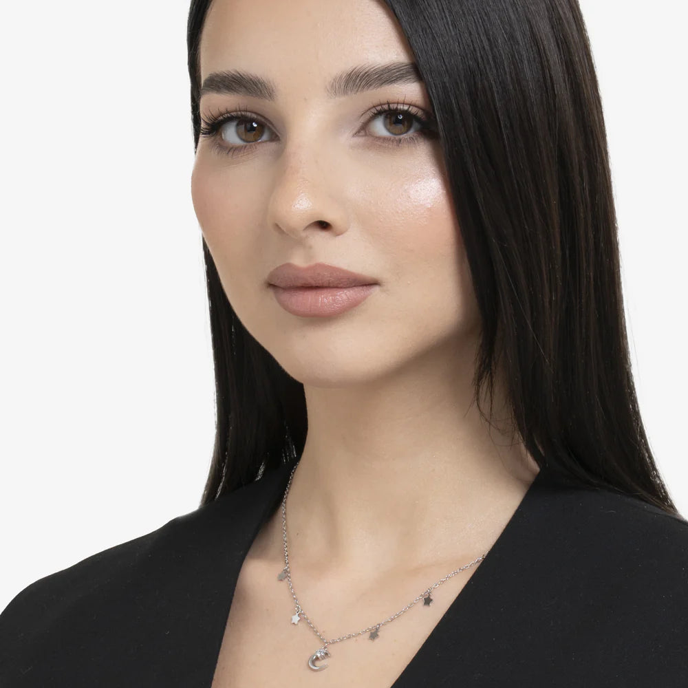 Collana Luca Barra Acciaio Luna Zircone Bianco Stelle
