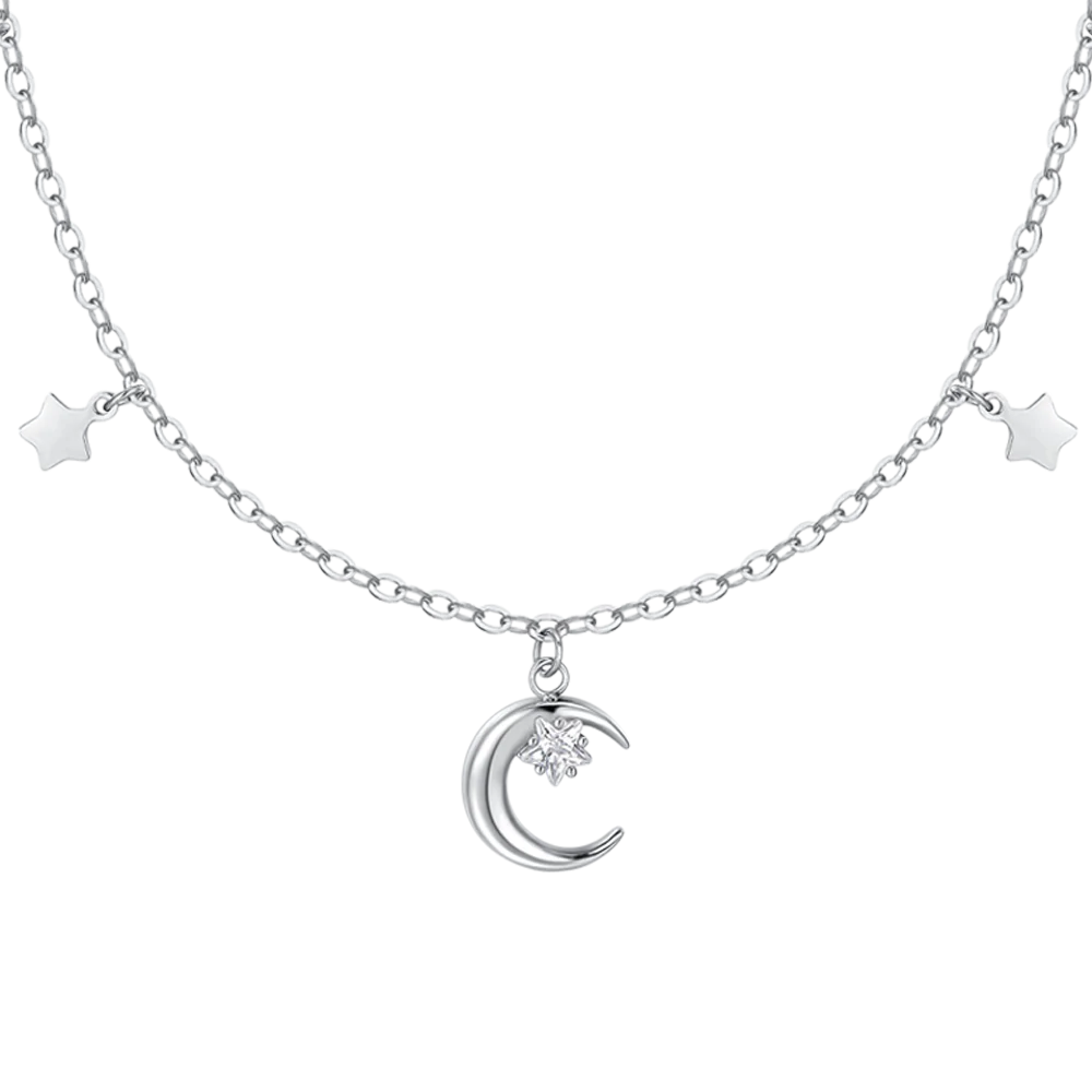 Collana Luca Barra Acciaio Luna Zircone Bianco Stelle