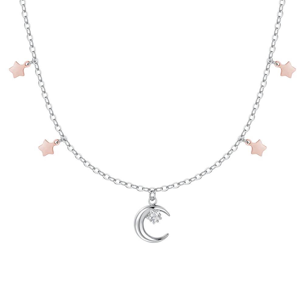 Collana Luca Barra Acciaio Luna con Zircone Bianco e Stelle Pvd Oro Rosa