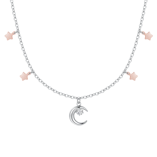 Collana Luca Barra Acciaio Luna con Zircone Bianco e Stelle Pvd Oro Rosa