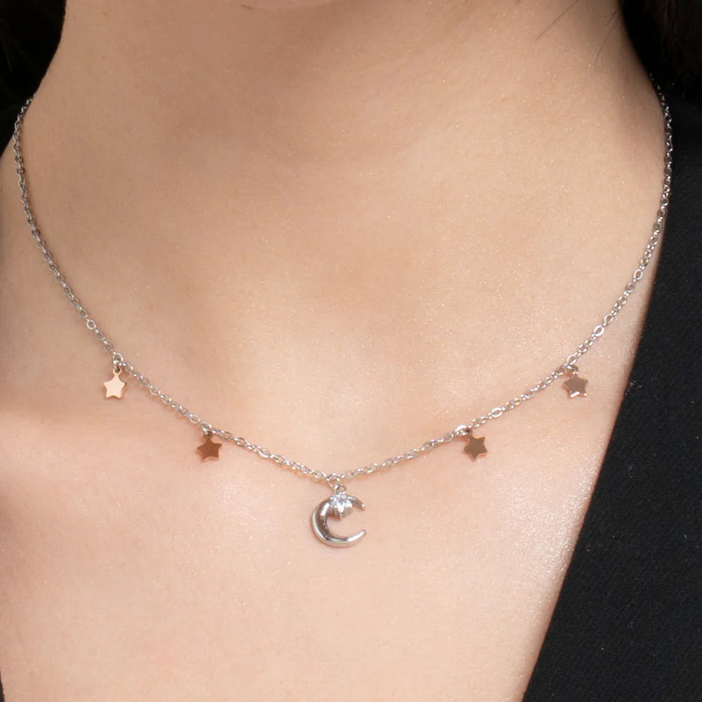 Collana Luca Barra Acciaio Luna con Zircone Bianco e Stelle Pvd Oro Rosa